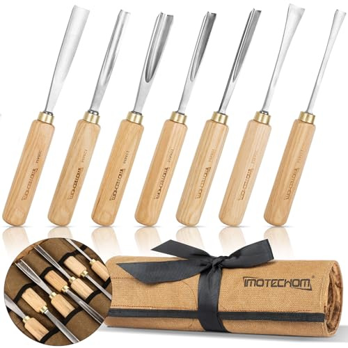 IMOTECHOM Lot de 7 outils de sculpture sur bois avec sac en toile, gouges et ciseaux de sculpture, lames en acier CR-V 60 tranchantes