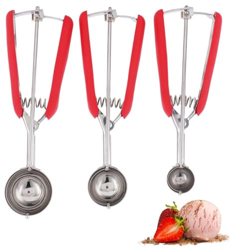 3PCS Cookie Scoops, Ice Cream Scoop Set of 3 Cookie Scoops for Baking Stainless Steel Ice Cream Scooper with Trigger for Baking (Red)