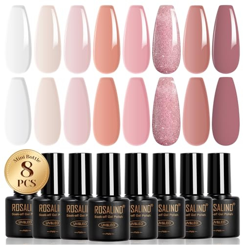 ROSALIND UV Nagellack Nude 8 Farben Jelly Transparent Weiß Nude Rosa | Jelly UV Gel Nagellack, Mini Soak-Off UV Gel Nail Polish Beige für Nail Art Maniküre Geschenkset