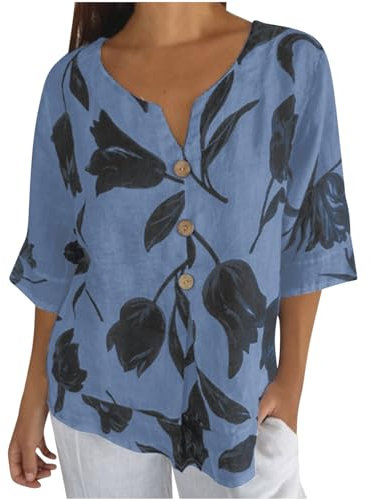 Zeiayuas Linen Shirts for Women UK V Neck Short Sleeve Blouses Cotton Linen Shirt Vintage Floral Tshirts Casual Loose Button Tunic Tops Long Length Summer Plain Boho Tee T Shirts Plus Size 22