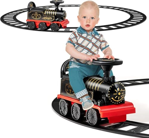 FANTASK 6V Kinder Aufsitz Lokomotive mit Bahn &einziehbaren Fußpedalen, Elektro Kinderauto mit Musik, Lichter & Box für Kleinkinder ab 3, Schwarz