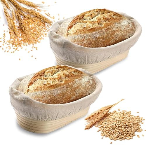 Gärkörbchen für Brot, 2 Stück Gärkorb Zum Brotbacken Set, Brotkörbchen aus Natürlichem Rattan, für Professionelle und Häusliche Bäcker, Kunsthandwerk Brotbacken (2 Oval 25 * 15 * 8 cm)