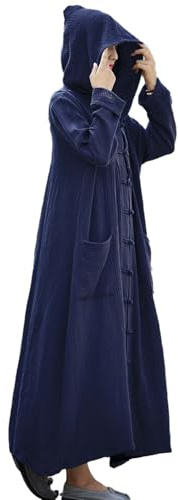 LUZU JUNU Women's Trench Coat Cotton Linen Hoodie Jacket Long Sleeve Chinese Frog Button Outwear with Pocket(Deep Blue,One Size)