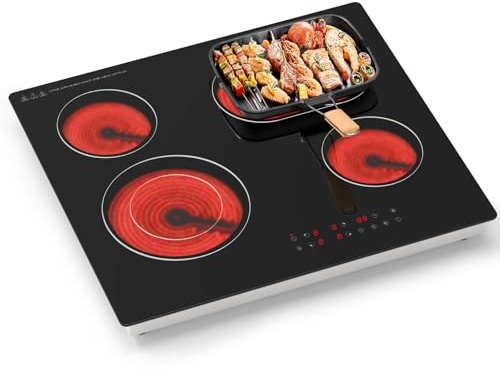 Borrallio Placa Vitrocerámica 60cm, Placa Eléctrica Empotrada de 4 Zonas con Zona Doble, Vidrio Negro con Control Táctil, Temporizador 99 Min, Bloqueo Infantil, Apagado Automático