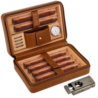 Cave à cigares de voyage en cuir doublé de bois de cèdre, capacité de 6 cigares, hygromètre et humidificateur intégrés, trousse de voyage portable (sans cigares), Brun, Portable