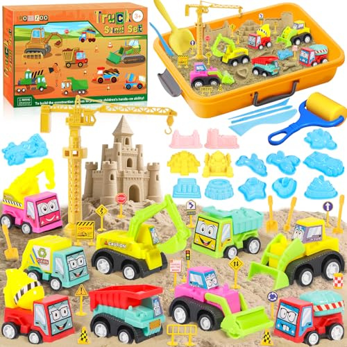 POWZOO Zaubersand Sand Set,1000g Magic Sand,DIY Spielsand Sandbox,mit 9 Rennautos,20 Straßenschilder,Werkzeuge,Burg,Kran,Kreativspielzeug für Kinder ab 3 Jahre.