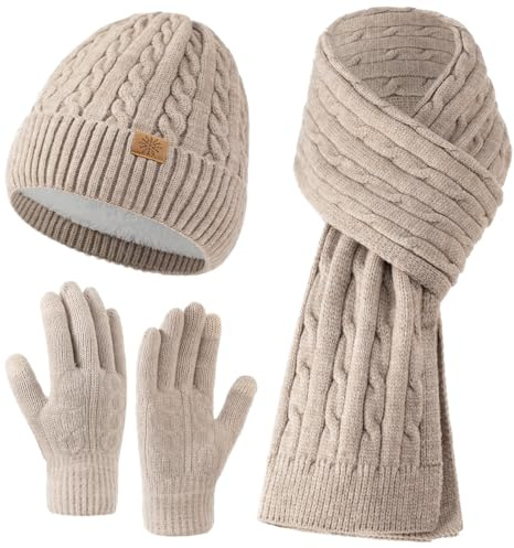 Clothirily Womens Winter Knit Warm Hat Beanie Long Scarf Touch Screen Gloves Set for Cold Weather, Winter Beanie Hat Scarf Gloves 3 in 1 Warm Gift Set
