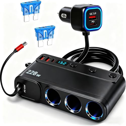 9 in 1, distributore per accendisigari retrattile, USB C, 228 W, caricatore per auto, 12 V, 24 V, adattatore per auto, 3 prese multiple, con interruttore, compatibile con iPhone 16, 15, 14, 13, 12, 11
