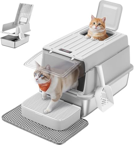 Feandrea Stainless Steel Cat Litter Box with Flip Lid, Scoop, Litter Mat, 2 Doors, for Cats up to 15 kg, Light Grey PPT007GD01