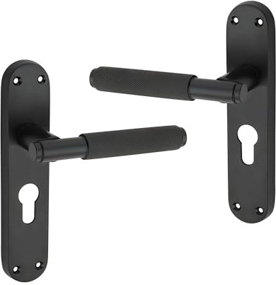 Infinity Decor Matt Black Knurled Euro Lever Lock Door Handle on Backplate Set 185mm x 45mm Passage Door Pulls – Suitable for All Internal & External Door