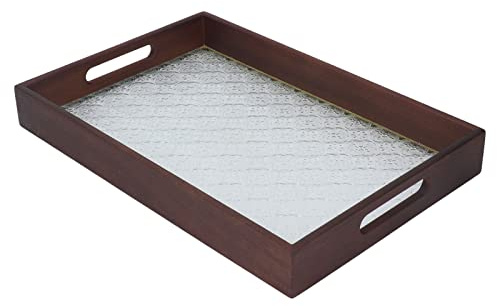 Bandeja de Servicio de Madera de Nogal 35x15, Rectangular con Asa y Fondo de Vidrio Vintage - Elegante y Antideslizante, Ideal para Desayuno y Aperitivos en Casa o Restaurante