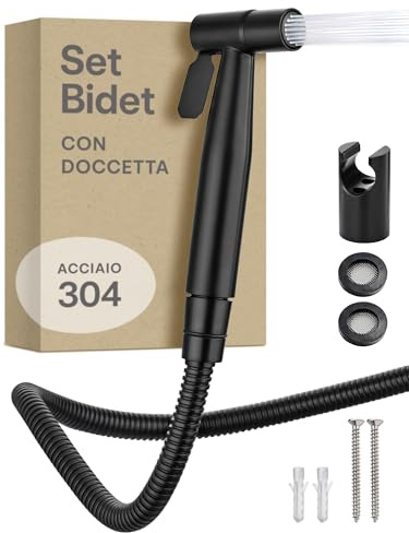 Praknu Doccetta per Bidet WC - Con Doccia, Tubo Flessibile e Supporto - Acciaio inox – Per attacco standard G1/2 – Facile da installare (Nero)