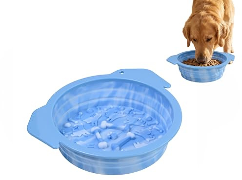 Silicone Slow Feeder Dog Bowl, Foldable Licking Bowl with Anti-Slip Base, Interactive Puzzle Anti Choking Licking Pad, Anti-Anxiety Slow Eating Food Bowls for All Breed Dogs and Cat (Blue, White)
