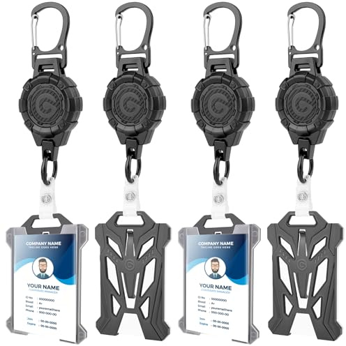 Badge Holder Retractable Clip - Heavy Duty Carabiner Badge Reel Keychain with 39 Steel Cord, ID Badge Holders with Lanyard for Office, Work, School, Construction, Recreation (4)