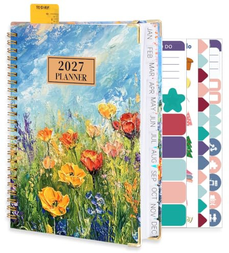 Diary 2027, A5 Weekly Planner Jan. -Dec., with Monthly Tabs, Yellow Flower | Hardcover, Week to View, Thick Paper, Lay-Flat Spiral Binding, Include Ruler Bookmark and 4 Sticker, Home School Office Use
