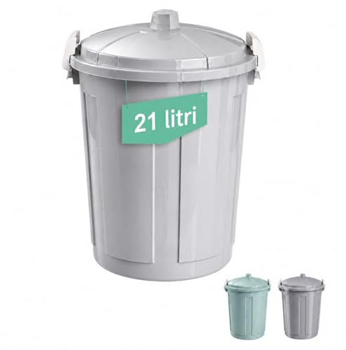PALUPLUS Bidone Porta Rifiuti da 21 Litri, Misura 35x41 cm, Pattumiera in Plastica con Chiusura a Clip e Maniglie, Secchio per Rifiuti -2002C -3,5 (Grigio Chiaro)