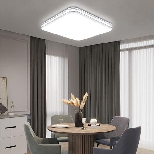 VIPMOON 24W LED Square Ceiling Light, 2160lm Double Silver Edge Flush Bath Ceiling Lights, 6500K Cool White, Ultra Thin for Bedroom, Stairwell, Small Living Room