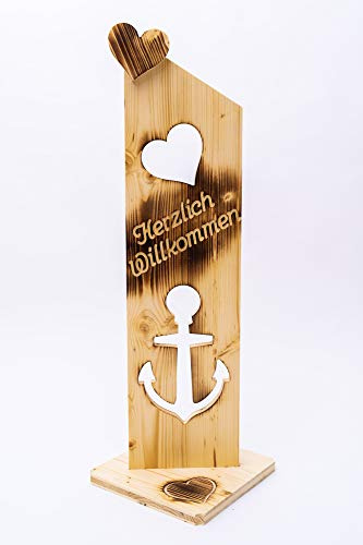 Der Einschneider Willkommensschild Haustür Anker NR16 Geflammtes Herzlich Willkommen Schild - Türschild Holz Deko, Gartendeko, Türdeko - Lackiert & Wetterfest - 25 x 20 x 79 cm