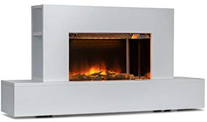 Klarstein Heat 'n Beat – Chimenea eléctrica calefactora ventilador ventilador 900/1800 W hasta 36 m², altavoz Bluetooth, ilusión de llama LED 3D regulable, decoración de madera, color blanco