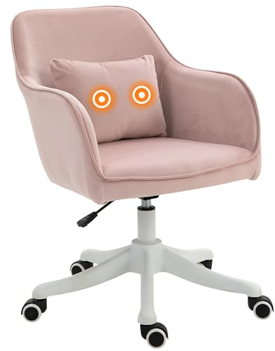 HOMCOM - Silla de Oficina de Terciopelo, Silla de Oficina, masajeador, cojín Lumbar Integrado, Altura Ajustable giratoria 360°, Color Rosa