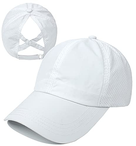 HGGE Womens Criss Cross Ponytail Baseball Cap Adjustable High Messy Bun Ponycap Trucker Hats Quick Drying Mesh Dad Hat for Outdoor Sports Travel White