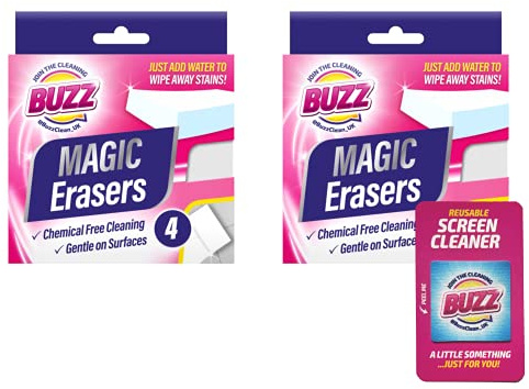 Buzz Magic Eraser 8pk | Chemical-free Cleaning | Magic Sponge Removes Marks and Stains with Water