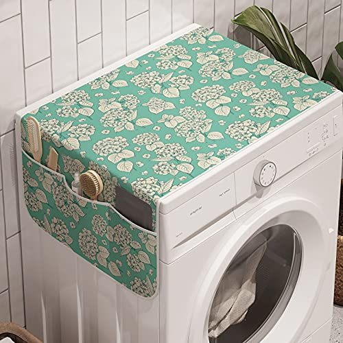 ABAKUHAUS Blumen Waschmaschinen-Organizer, Romantische Hortensien, Anti-Rutsch-Stoffabdeckung für Waschmaschine und Trockner, 47 cm x 120 cm, Teal und Elfenbein