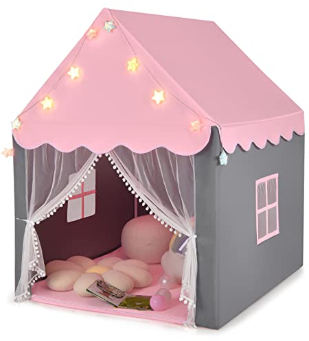 COSTWAY Kinderspielhaus mit Sternenlichter, Prinzessin Prinzess Kinderzelt mit Fenster & Matte, Spielzelt mit doppeltem Vorhang, Kinderspielzelt, Kinderspielburg für Jungen und Märchen (Rosa)