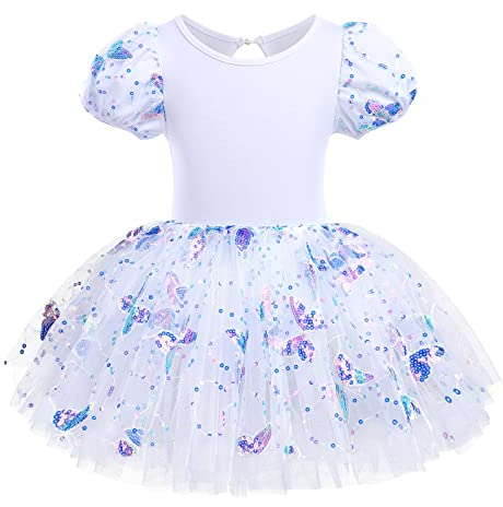 Pailletten Schmetterling Ballerina Kostüm Mädchen Tutu Ballettkleid Ballettkleidung Puffärmel Kurzarm Gymnastikanzug Turnanzug Tüllrock Tanzkleid Kinder Ballettkleidung Tanzkleidung Weiß 5-6 Jahre