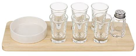 Mijoma Set de 9 pièces pour tequila, planche à tequila, 6 tasses, 1 salière, 1 bol en faïence, plateau de service en bois, support pour verres