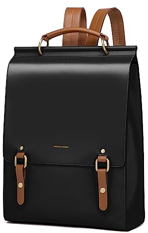 Cnoles Affärsryggsäck för kvinnor i äkta läder elegant vattentät stöldskyddad urban ryggsäck med bärbar datorhållare för kontor, universitet och resor, Svart, 28 x 11 x 38 cm, Vintage, retro, klassisk