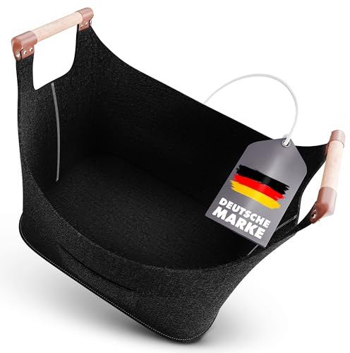 Xcelenze - XXL Holzkorb für Kaminholz mit Holzgriff Filzkorb extra dicker Filz Kaminholzkorb Filztasche faltbar auch als Einkaufskorb Auto & Aufbewahrungskorb für Holz Zeitung (Schwarz)