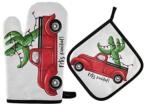 Manopla para horno de Navidad, juego de regalo, diseño de cactus, camión de Navidad, guante de cocina resistente al calor, agarradera de cocina para asar, barbacoa, hornear, decoración festiva del hog