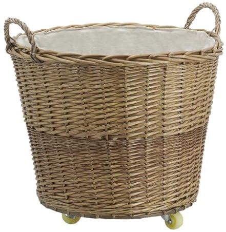 AUBRY GASPARD - Corbeille À Roulettes en Osier Teinté avec Doublure en Jute - Diamètre 54 cm - Hauteur Ajustable 42-53 cm - 3 Roulettes - 2 Anses - Élégante et Pratique