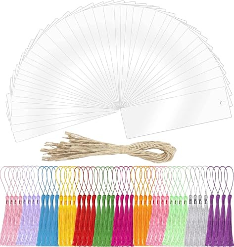 BetterJonny 40 Blanko Acryl Lesezeichen Rohling - 48 Quaste, 30 Seile, Transparente Lesezeichen für DIY Basteln und Notizbuch Dekorationen