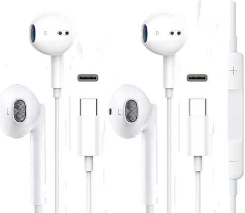 Paquete de 2 Auriculares USB C, Auriculares con Cable Tipo C con Micrófono y Auriculares Internos con Cancelación de Ruido para iPhone 15 iPad Pro, Samsung Galaxy S23/S22/S21/S20/Ultra Note 10/20