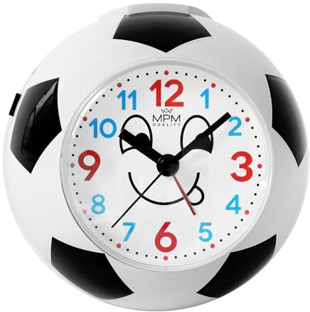 MPM Quality Sveglia di design per bambini, in plastica, motivo: calcio e smile, bianco/nero, al quarzo, melodia dal suono alla selezione esterna, analogico, allarme forte, cameretta dei bambini,