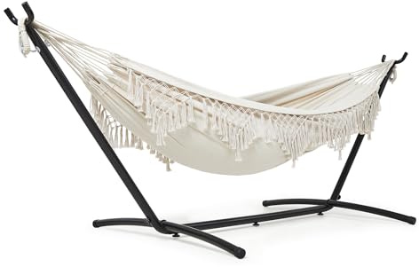 Mondeer Hängematte mit Gestell für 2 Personen - Verstellbare Doppelhängematte im Boho-Stil mit Getränkehalter & robustem Eisengestell, für Terrasse, Garten und Hof, Beige