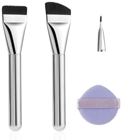 3pcs Foundation Brush Sets, with Makeup Puff Flat Foundation Angled Makeup Brushes Perfect for Blending Liquid Cream Foundation Concealer Applicator Cosmetics Flawless Makeup Face Brush Tool