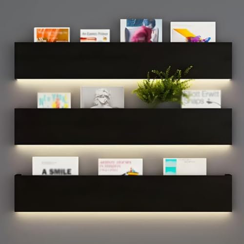 Zeitschriftenhalter Für Die Wandmontage, 3er Set, Schwebende Bücherregale Aus Metall Mit Integrierter LED-Beleuchtung, Dekoratives Regal Für Wohnzimmer, Schlafzimmer, Bad ( Farbe : Schwarz , Größe : 1
