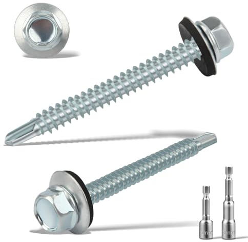 Lot de 120 vis à tôle trapézoïdale auto-taraudeuses avec rondelle d'étanchéité 5,5 x 25 mm + 2 douilles hexagonales M8 Vis étanches galvanisées Vis de toit en métal (argentées)