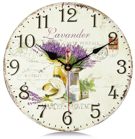 Lafocuse 30cm Orologio da Parete Lavanda Silenzioso Vintage, Rustico Floreale Orologio Legno Shabby Chic, Retro Deco Senza Ticchettio per Soggiorno Camera da Letto Cucina Ufficio