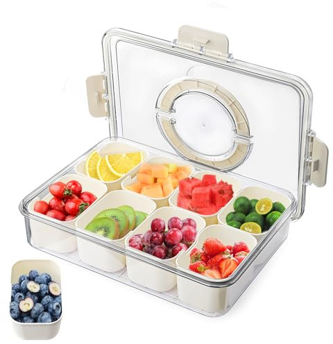 Plato para servir refrigerios, plato para refrigerios con 8 compartimentos, caja de almacenamiento para refrigerios con tapa y asa, bandeja organizadora para dulces, postres de galletas vegetales