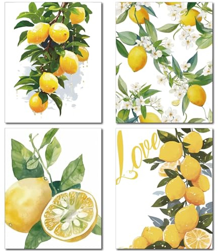 CREATCABIN 4Pcs Lemon Canvas Wall Art Fruit Print Wall Decor Fruit Canvas Poster Decorations Watercolor Rectangle Chemical Fiber Oil Pictures for Kitchen Home Bedroom 10x8Inch-Unframed