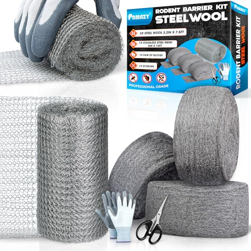 [Upgrade 2-in-1] Steel Wool Mice Control Kit with Stainless Double-Layer Mesh, 3PCS 3.2x7.5FT Steel Wool & 1PCS 5x15FT Wire Mesh with Gloves, Scissors, Gap Blocker Mouse Hole Filler for House Garage