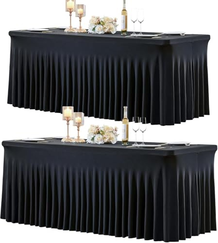 HB HBB MAGIC 2 Mantel de Falda de Spandex Negro para mesas rectangulares de 1,8 m, Mantel Negro elástico sin Arrugas, Falda de Mesa Plisada para Fiestas, Bodas de cumpleaños, duchas de bebés