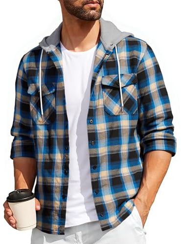 SwissWell Camisa a Cuadros Hombre Camisa de Franela para Hombre Sudaderas de Leñador de Manga Larga Exteriore Camisa Casual con Capucha Azul-Marrón L