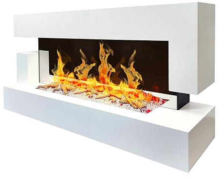CHEMIN'ARTE Camino elettrico LED da parete Quarzt 3XL 150 cm - Bianco - Effetto fiamma LED - Telecomando, Caminetto con Timer e Controllo Automatico di Temperatura