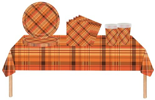 Ensemble de vaisselle de fête jetable - Assiettes en carton de 17,8 cm, serviettes en papier, gobelets pour anniversaire, fête de mariage (carreaux oranges)