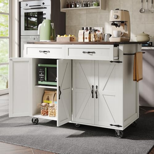 Ymkua Kücheninsel Küchenschrank, Kücheninsel, Küchenwagen, Speisewagen Anrichte auf Rollen, Esswagen mit 4 Türen und 2 Schubladen, Buffetschrank mit Ausziehbarer Arbeitsplatte für Esszimmer (BeigeC)